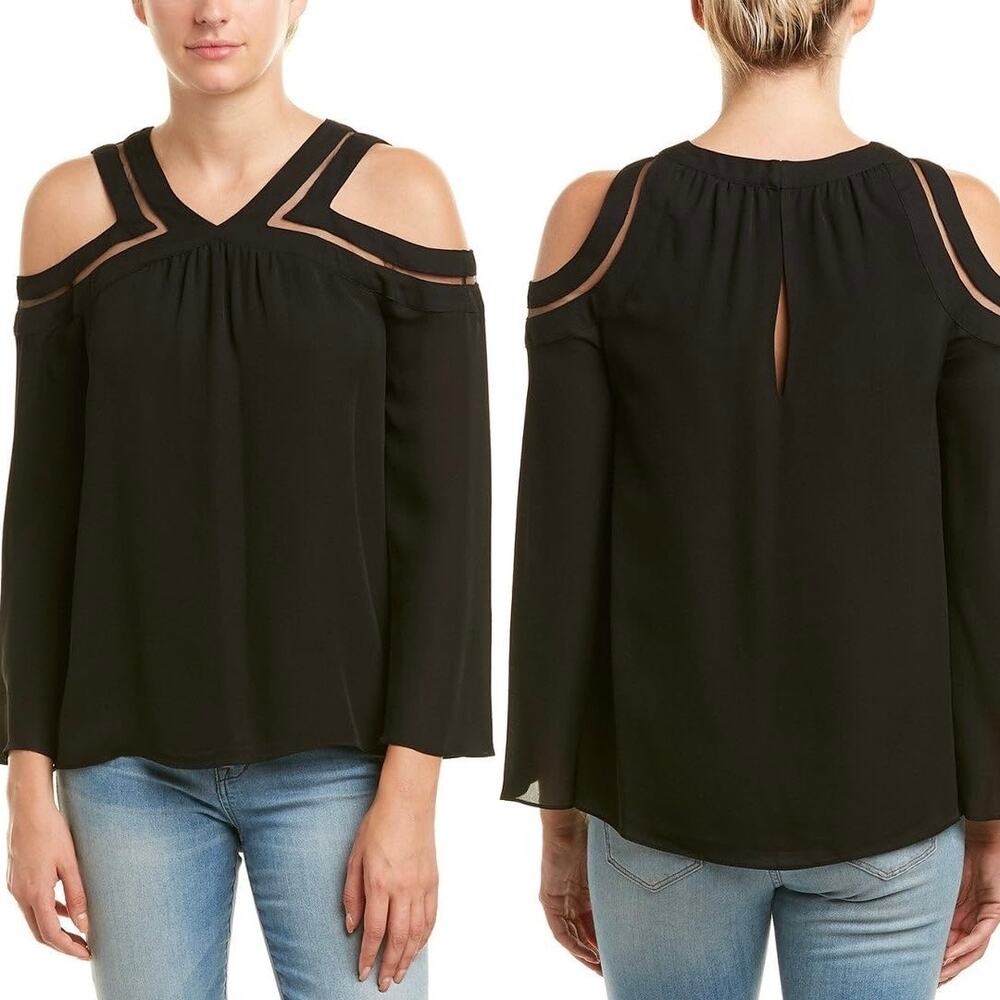 NWT Ramy Brook Lex Black Silk Cold-Shoulder Mesh Detail Bell Sleeve Top Size M